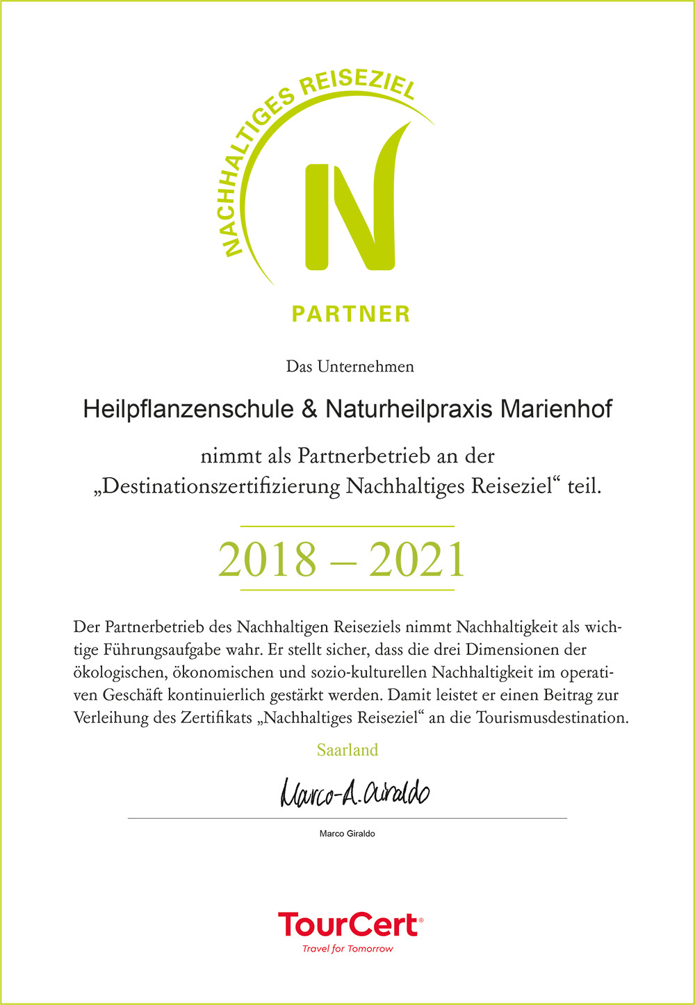 Nachhaltigkeitsreiseziele Urkunde Heilpflanzenschule und Naturheilpraxis Marienhof